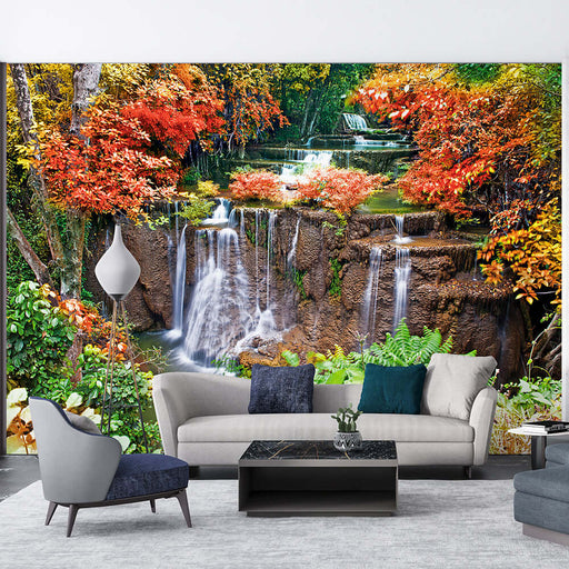 Landscape autumn scenery waterfall wallpaper mural | Red maple