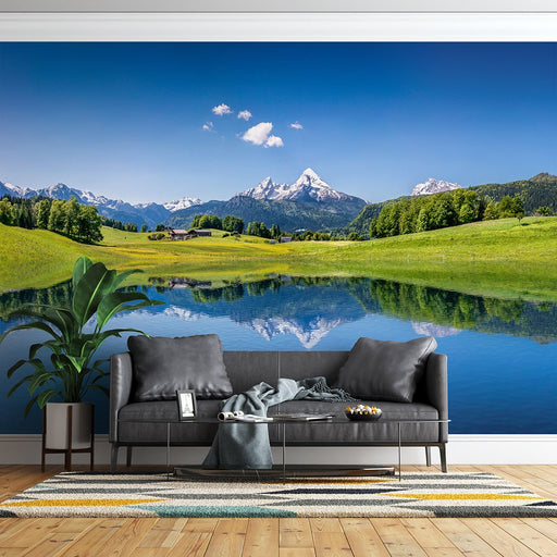 Landscape Lake Wallpaper Mural | Blue Sky, White Clouds - Carving wallpaper
