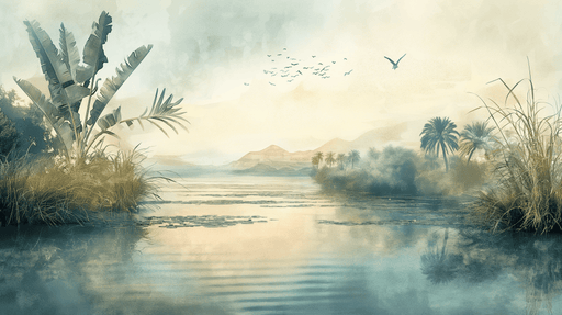 Landscape Lake Wallpaper Mural | Green Plants and Flying Birds - Carving wallpaper