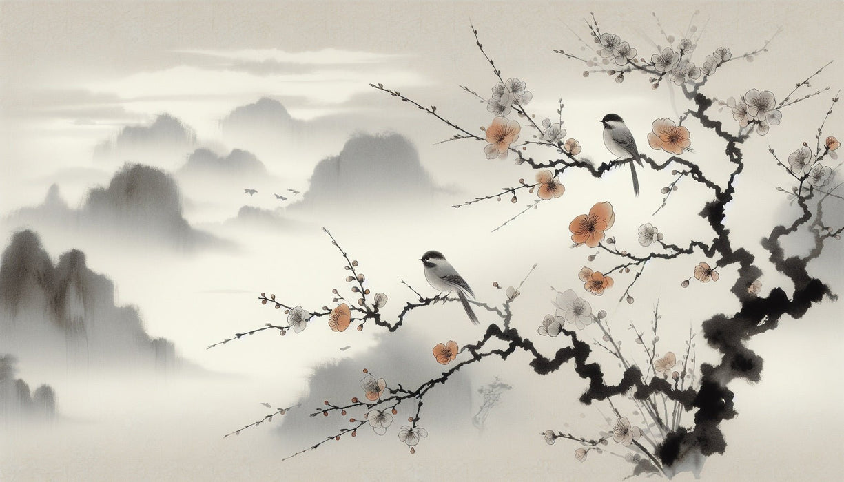 Landscape Plum Blossom Wallpaper Mural | Chinese Ink Painting Flowers and Birds - Carving wallpaper