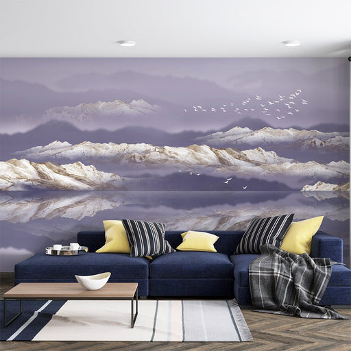 Landscape Reflection Mural Wallpaper | Misty Mountain Wallpaper - Carving wallpaper