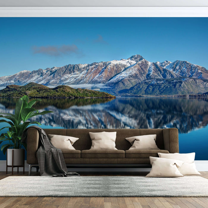 Landscape Reflection Wallpaper Mural | Natural Healing Decorative Wall - immersive mountain lake scene with snowy peaks reflected in tranquil waters, home living room decor