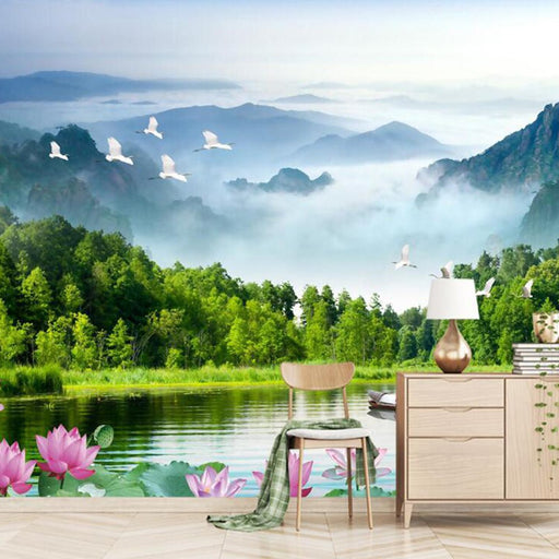 Landscape wallpaper mural | Landscape lotus pond mural - Carving wallpaper