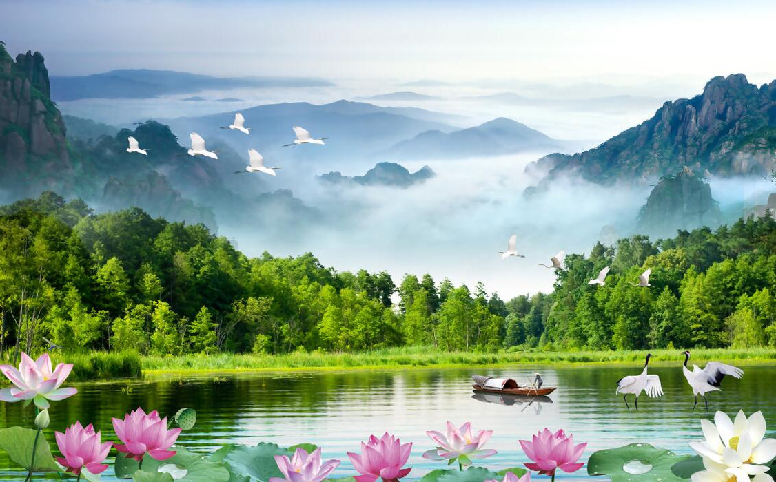Landscape wallpaper mural | Landscape lotus pond mural - Carving wallpaper