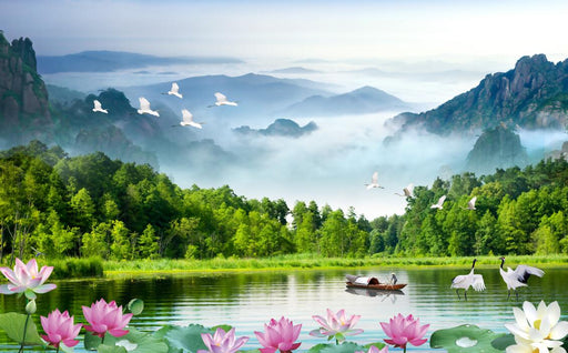Landscape wallpaper mural | Landscape lotus pond mural - Carving wallpaper