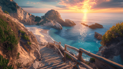 Landscape wallpaper murals | Wooden stairs and desolate beaches - Carving wallpaper