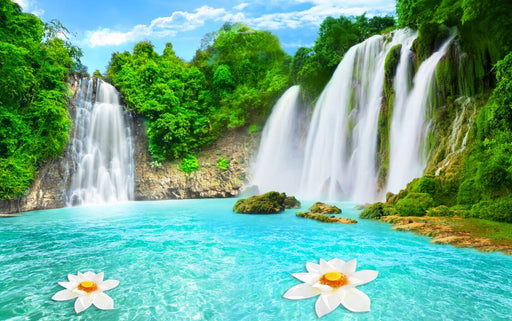 Landscape Waterfall Mural | Green Field Waterfall Wallpaper - Carving wallpaper