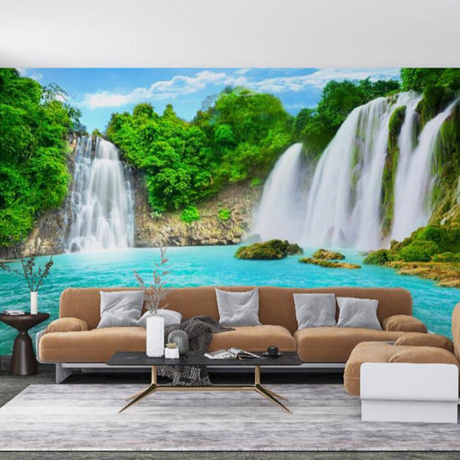 Landscape Waterfall Mural | Green Field Waterfall Wallpaper - Carving wallpaper