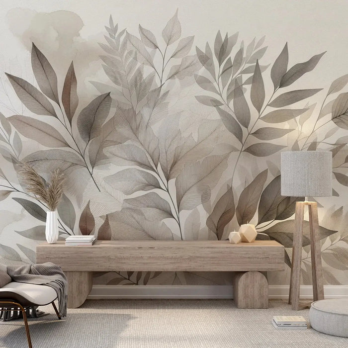 Large leaf plant mural wallpaper | Watercolor painting in a serene living room with beige, gray tones and watercolor leaf pattern