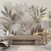Large leaf plant mural wallpaper | Watercolor painting in a serene living room with beige, gray tones and watercolor leaf pattern