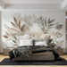 Large leaf plant mural wallpaper | Watercolor painting - tranquil wallpaper design with light gray, beige, and brown leaves in a bedroom