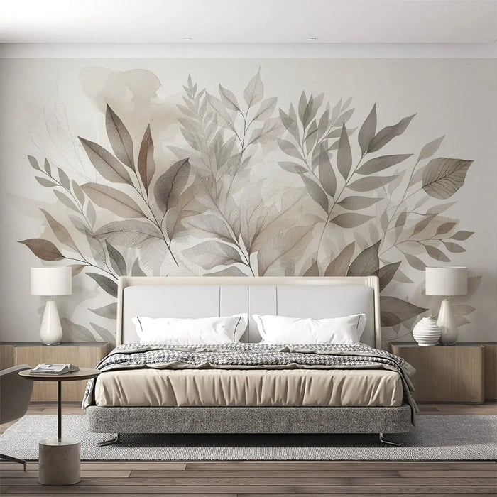 Large leaf plant mural wallpaper | Watercolor painting - elegant wall art with soft gray, beige and brown watercolor leaves behind a modern bed setup