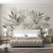 Large leaf plant mural wallpaper | Watercolor painting - elegant wall art with soft gray, beige and brown watercolor leaves behind a modern bed setup