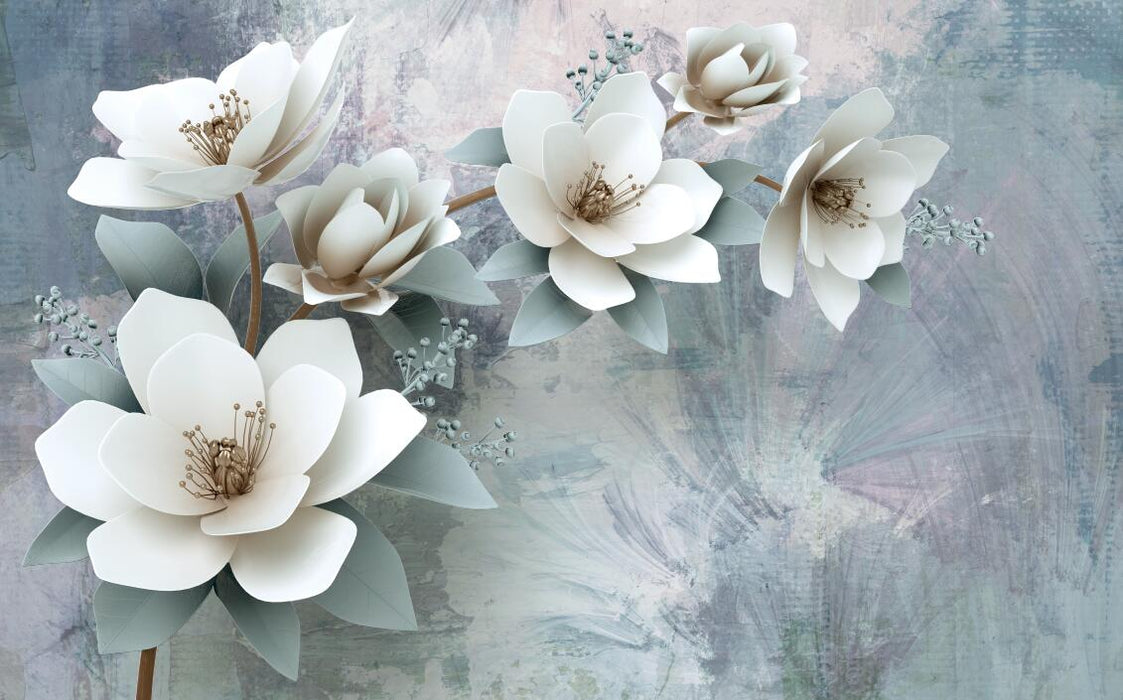 Large white flower wallpaper mural | Blues, large white flowers, elegant and romantic - Carving wallpaper