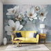 Large white flower wallpaper mural | Blues, large white flowers, elegant and romantic - Carving wallpaper