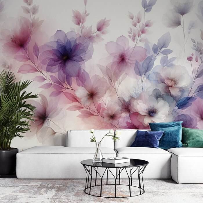 Lavender Dream Watercolor Floral Wallpaper Mural | Soft Purple & Pink Blossoms on Ethereal Background