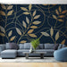 Leaf patterned wallpaper mural | Deep blue gold - Carving wallpaper