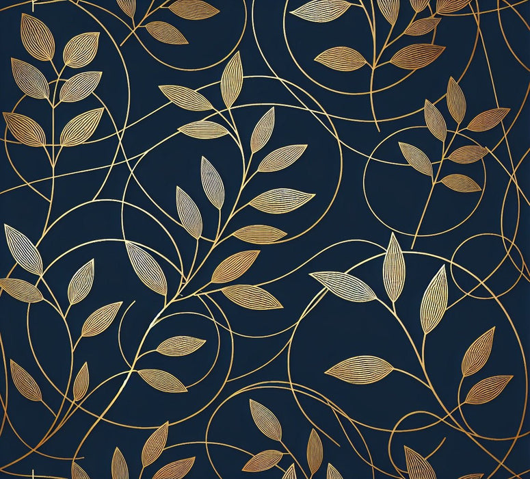 Leaf patterned wallpaper mural | Deep blue gold - Carving wallpaper