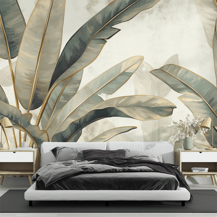 Leaf wallpaper in green and gold beige - Carving wallpaper
