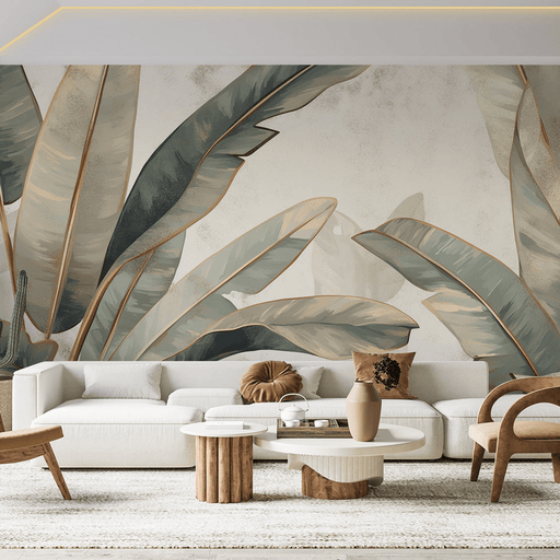 Leaf wallpaper in green and gold beige - Carving wallpaper