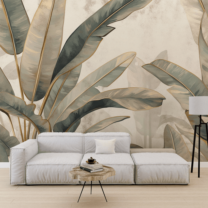 Leaf wallpaper in green and gold beige - Carving wallpaper