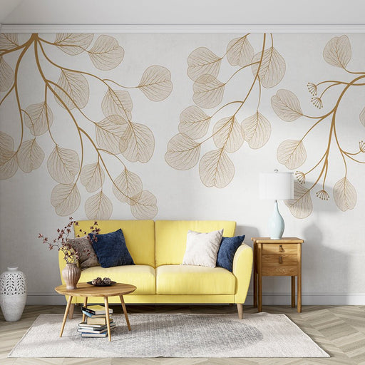 Leaf wallpaper mural | beige background color with gold branches and leaves pattern simple and elegant - Carving wallpaper