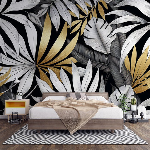 Leaf wallpaper mural | Black and white gold plants - Carving wallpaper