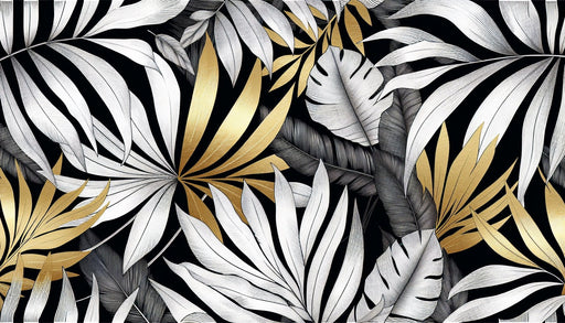 Leaf wallpaper mural | Black and white gold plants - Carving wallpaper