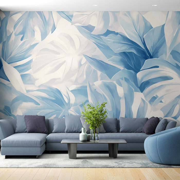 Leaf wallpaper mural | Blue and white plants - Carving wallpaper