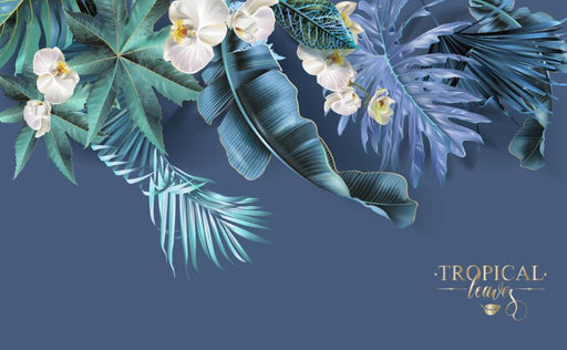 Leaf Wallpaper Mural | Blue Leaves and Flowers - Carving wallpaper