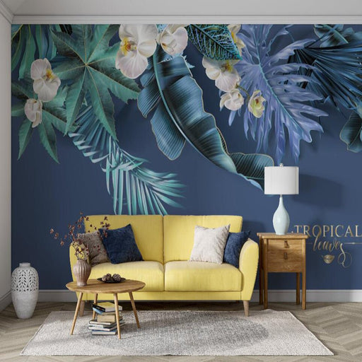 Leaf Wallpaper Mural | Blue Leaves and Flowers - Carving wallpaper