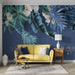 Leaf Wallpaper Mural | Blue Leaves and Flowers - Carving wallpaper
