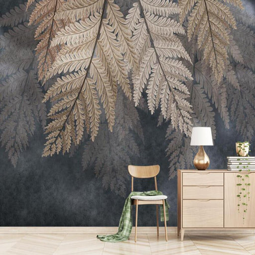 Leaf wallpaper mural | Dark background with golden fern leaves, natural style wallpaper - Carving wallpaper