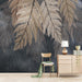 Leaf wallpaper mural | Dark background with golden fern leaves, natural style wallpaper - Carving wallpaper