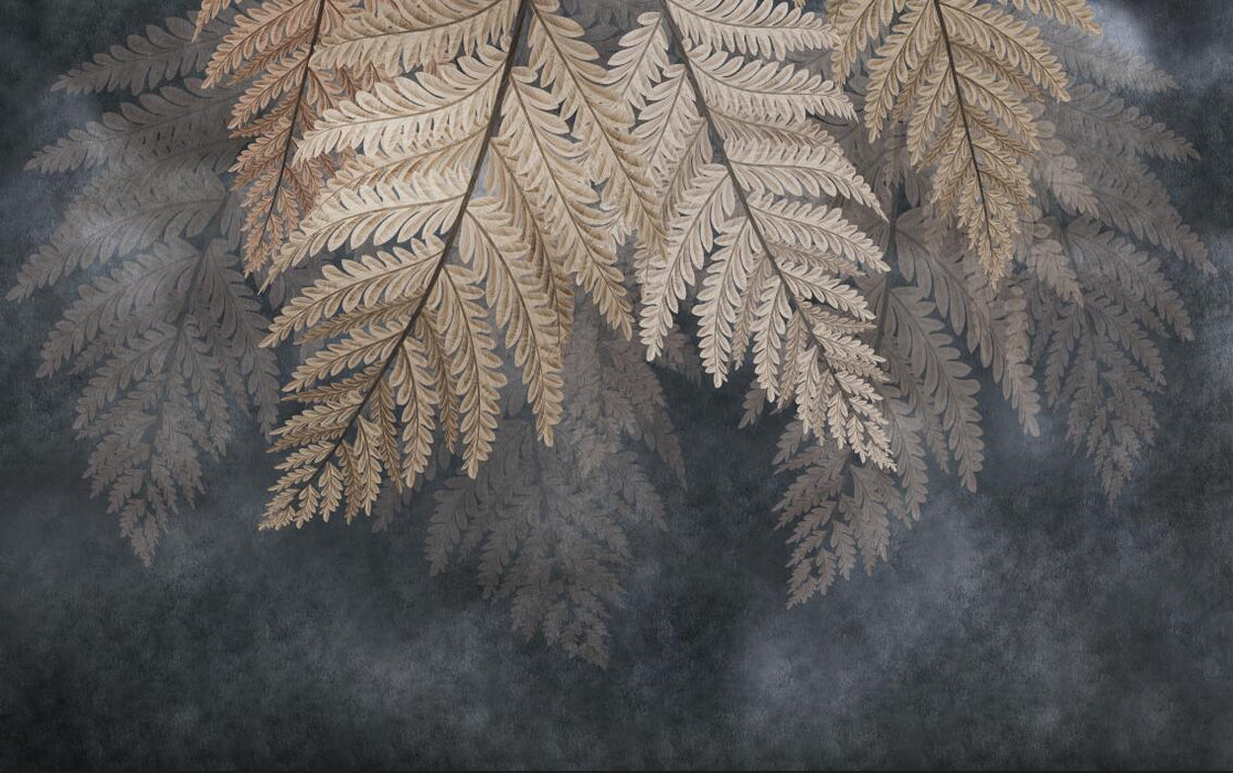Leaf wallpaper mural | Dark background with golden fern leaves, natural style wallpaper - Carving wallpaper