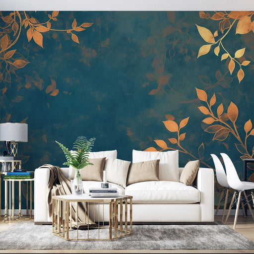 Leaf Wallpaper Mural | Deep Blue and Gold Leaves - Carving wallpaper
