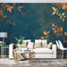 Leaf Wallpaper Mural | Deep Blue and Gold Leaves - Carving wallpaper