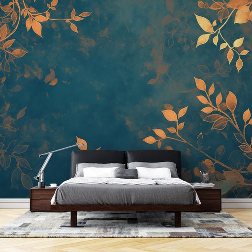 Leaf Wallpaper Mural | Deep Blue and Gold Leaves - Carving wallpaper