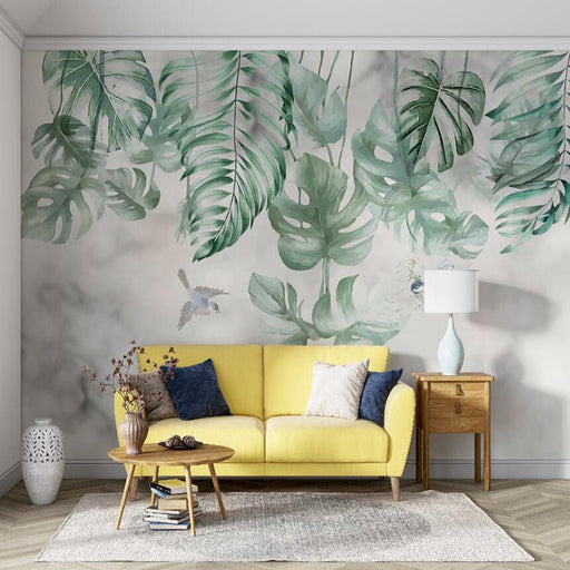 Leaf Wallpaper Mural | Fresh Natural Mural with Tropical Plants and Flying Birds - Carving wallpaper