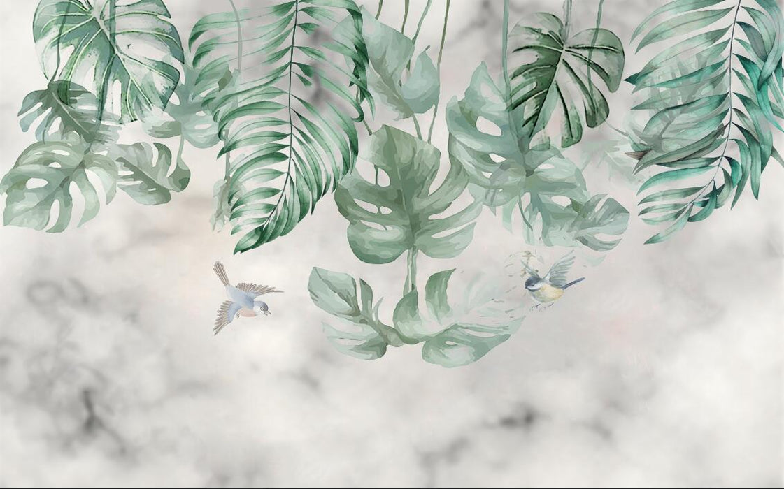 Leaf Wallpaper Mural | Fresh Natural Mural with Tropical Plants and Flying Birds - Carving wallpaper