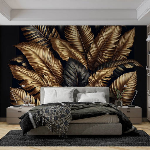 Leaf Wallpaper Mural | Gold and Black Leaves - Carving wallpaper