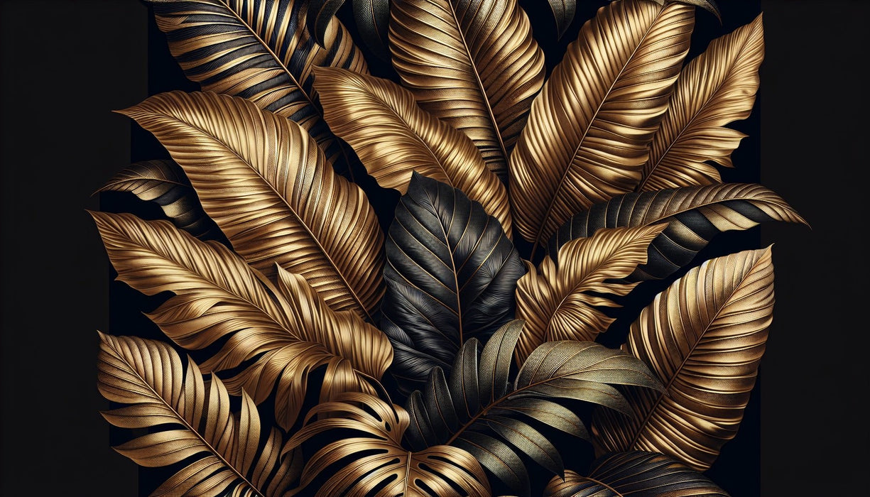 Leaf Wallpaper Mural | Gold and Black Leaves - Carving wallpaper