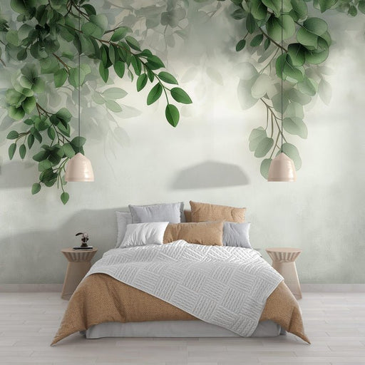 Leaf Wallpaper Mural | Green and Mist - Carving wallpaper