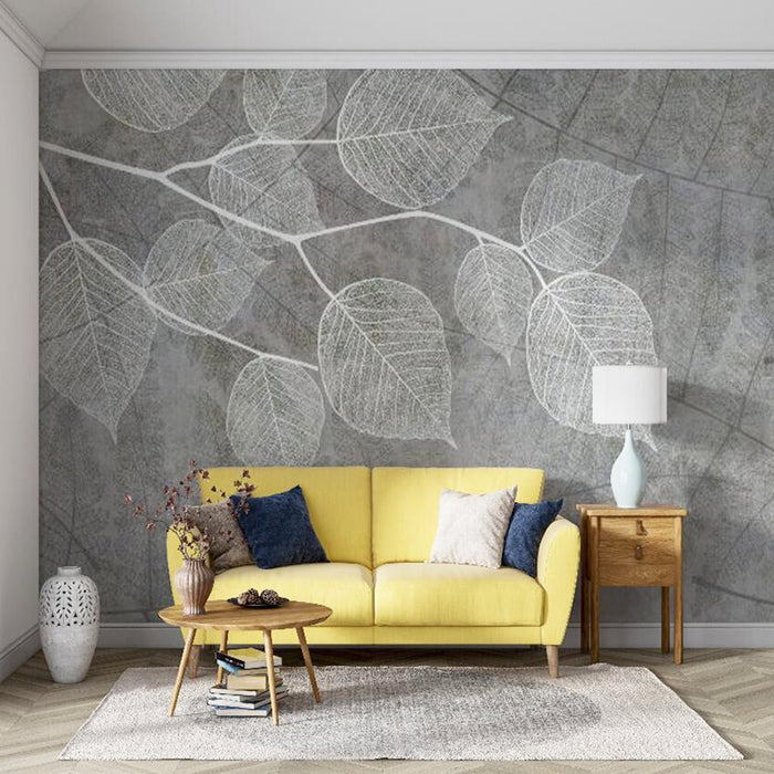 Leaf wallpaper mural | Grey background, white leaves, simple and natural style - Carving wallpaper