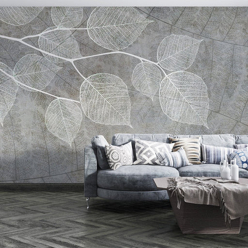 Leaf wallpaper mural | Grey background, white leaves, simple and natural style - Carving wallpaper