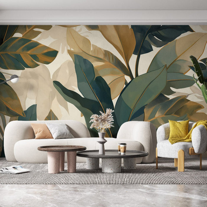 Leaf Wallpaper Mural | Large Green Leaves and Brown - Carving wallpaper