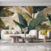 Leaf Wallpaper Mural | Large Green Leaves and Brown - Carving wallpaper