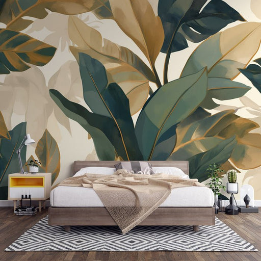 Leaf Wallpaper Mural | Large Green Leaves and Brown - Carving wallpaper