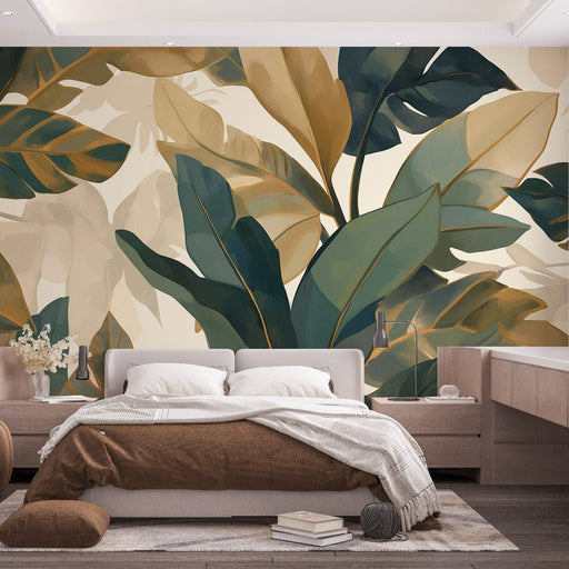 Leaf Wallpaper Mural | Large Green Leaves and Brown - Carving wallpaper