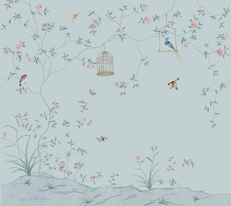 Light Blue Chinese Flower and Bird Wallpaper Mural | Bird Cage Flowers - Carving wallpaper